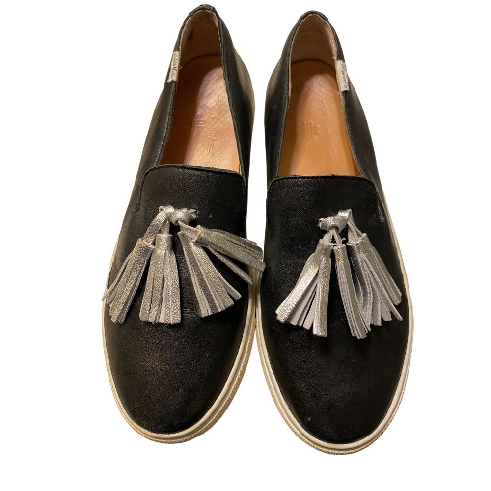 Sylvia Noster Slip-on Sneakers with Silver Tassels Women Size 8 Black Leather - Picture 8 of 12